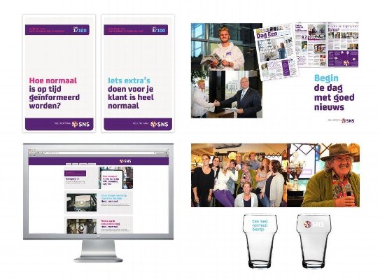 Dit is een collectie van beelden voor de lancering van de interne campagne 'De eerste 100 dagen Heel Normaal bankieren' voor SNS Bank om medewerkers het nieuwe merkgeloof en werkwijze te leren. Op posters lezen we in paarse, roze en blauwe letters verschillende activerende zinnen zoals Begin de dag goed of Hoe normaal is op tijd geïnformeerd worden en Iets extra's doen voor je klant is heel normaal. Ook zien we een beeld van een ochtendkrant en een interne ontmoeting met Bennie Jolink van Normaal om samen met hem een biertje te drinken om te proosten op het succes van de campagne. Dit event werd medebedacht, gemaakt en ontworpen door Activates merkversterkend reclamebureau uit Sassenheim in vast dienstverband van Onze Kapel uit Haarlem.