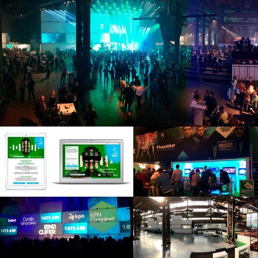 Dit is een collectie van beelden van het grote KPN kickoff feest Inspiration 2017 Welcome to tomorrow om alle medewerkers klaar te maken voor het komende jaar. We zien een overzicht van het event in de Werkspoorkathedraal in Utrecht met mensen, groene en blauwe lichteffecten en witte teksten. De Werkspoorkathedraal werd ingericht met witte zeecontainers waarop licht geprojecteerd werd. De activatie bevatte ook een voetbaltafel event, bioscoop Pluspakket van KPN Presenteert. Op een laptop en iPad zien we de KPN Inspiration actiepagina en aanmeldsite om aan het event deel te kunnen nemen. Deze activatie is medebedacht, gemaakt en ontworpen door Activates merkversterkend reclamebureau uit Sassenheim in vast dienstverband van Onze Kapel uit Haarlem.