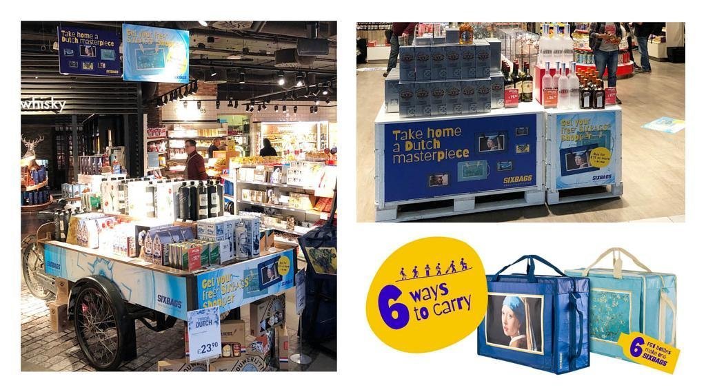 Dit is een compilatie afbeelding van een campagne voor Souprbags die te zien was op Schiphol Airport gemaakt in opdracht van Schiphol Airport Retail. Op het beeld zien we verschillende retail materialen in de winkels, zoals een bakfiets, plafondhangers, posters, en winkelsfeer. Het gaat om de promotie van Souprbags tassen rondom het concept Dutch Masterpieces met schilderijen van Van Gogh en Vermeer. De tassen zijn heel eenvoudig op 6 manieren te dragen wat is te lezen op een geel label met blauwe tekst. Verder zien we twee blauwe draagtassen met daarop een schilderij van het meisje met de parel van Vermeer en een schilderij van 'lentebloesem' van Vincent van Gogh. Alle uitingen zijn gemaakt en vormgegeven door Activates merkversterkend reclamebureau uit Sassenheim in dienst van Creative Agency IM uit Leiden.