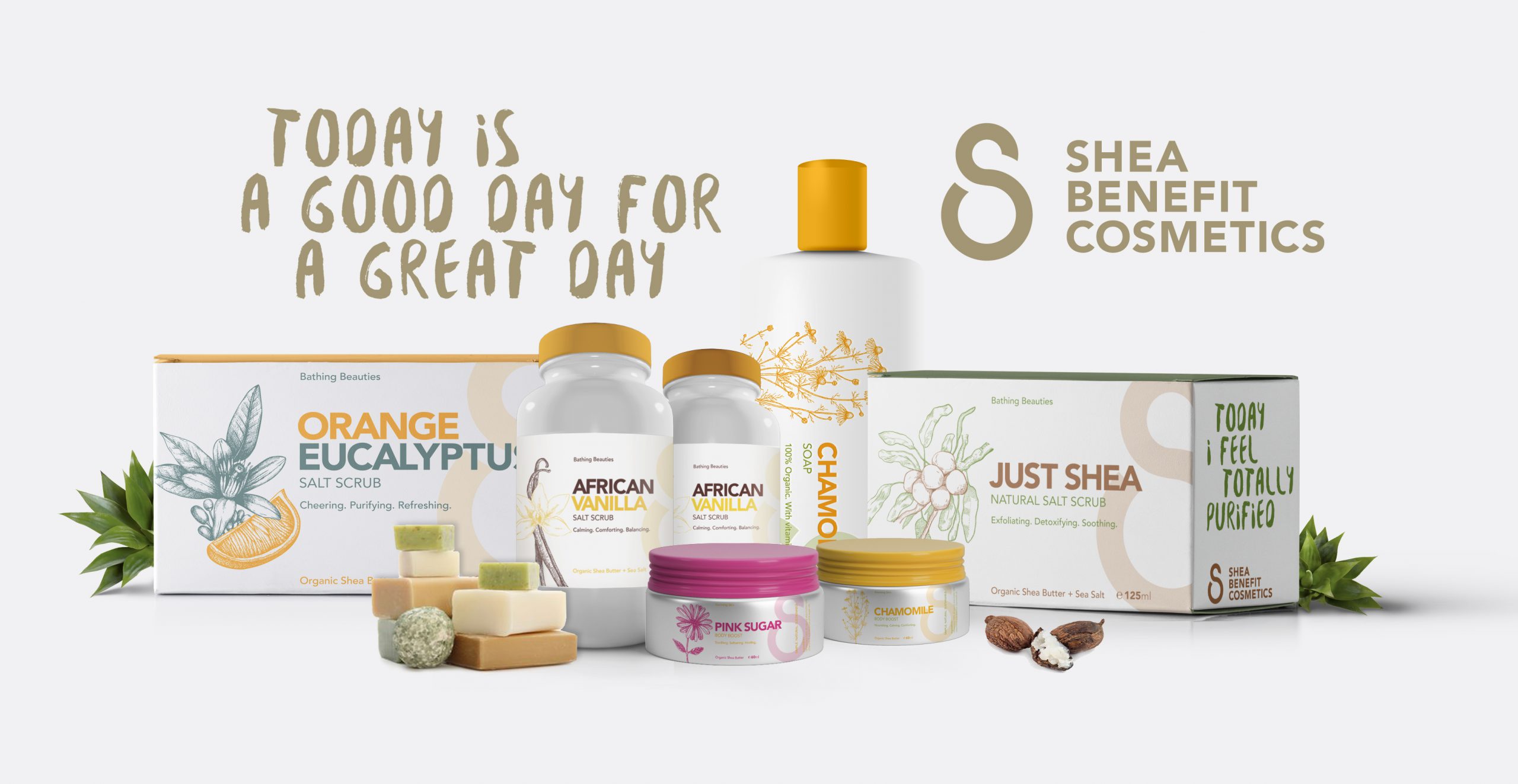 Dit is een afbeelding van verschillende verpakkingen, flesjes en potjes ten behoeve van het Keniaanse bedrijf Shea Benefit Cosmetics. In de potjes zit een huidcrème gemaakt van Shea noten. Elk met een eigen geur en samenstelling. De verpakkingen zijn bedrukt met verschillende kleuren tekst en illustraties van de ingrediënten zoals vanille, eucalyptus, sinaasappel, Camille en andere citrusvruchten. Daarbij is een quote 'Today is a good day for a Great day' geschreven. De verpakkingslijn is ontworpen door Activates merkversterkend reclamebureau uit Sassenheim.