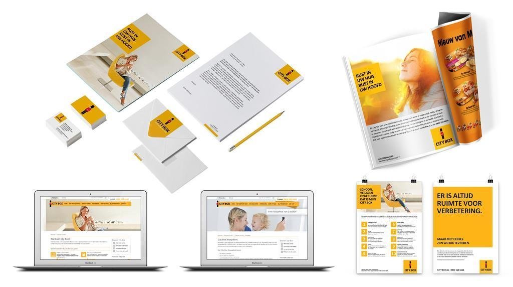 Dit is een collectie van beelden van de nieuwe huisstijl voor City Box. We zien briefpapier, advertentie layout visitekaartjes, envelop, posters en website design. De kleur geel en het vierkante grid spelen de hoofdrol in deze visuele identiteit van City Box. De huisstijl en andere middelen zijn medebedacht, geschreven, gemaakt en ontworpen door Activates merkversterkend reclamebureau uit Sassenheim in vast dienstverband van Onze Kapel uit Haarlem.