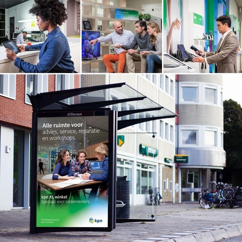 Dit is een collectie van beelden van de campagne 'Alle ruimte voor…' voor KPN XL. We zien op foto's verschillende klanten in de KPN XL winkel die gebruik maken en op zoek zijn naar producten, telefoons, tv-toestellen of reparatie van KPN bij een KPN XL winkel. Op een abri zien we een poster met een koppel dat met een adviseur om tafel zit. In witte letters lezen we de tekst 'Alle ruimte voor advies, service, reparatie en workshops. Deze campagne en activatie werd medebedacht, geschreven, gemaakt en ontworpen door Activates merkversterkend reclamebureau uit Sassenheim in vast dienstverband van Onze Kapel uit Haarlem.
