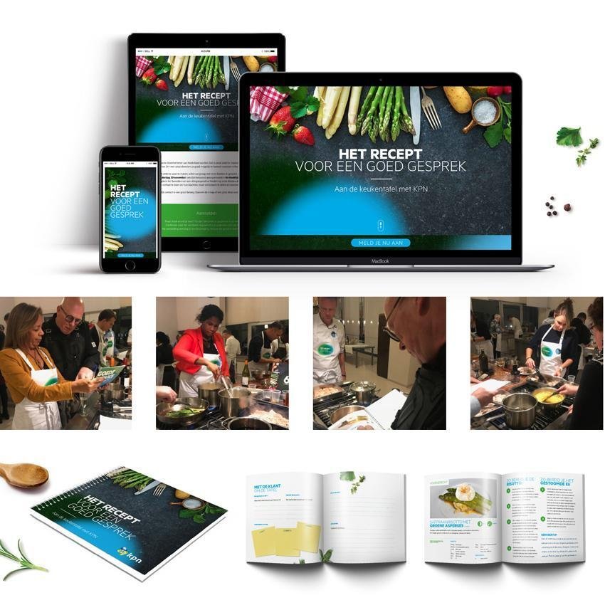 Dit is een collectie van beelden van de klanten campagne 'Het recept voor een goed gesprek' voor KPN. We zien een laptop, iPad en smartphone met daarop een website opgebouwd uit een antraciet keukenblad met ingrediënten liggen. Daaronder zien we vier foto's van de activatie in De Kookstudio Den Haag waar managers van KPN koken met klanten samen met kok Pierre Wind. Ze bereiden de lekkerste gerechten, die in het kookboekje zijn vermeld die te zien is onder de foto's van de activatie en het event. Deze campagne en activatie werd medebedacht, geschreven, gemaakt en ontworpen door Activates merkversterkend reclamebureau uit Sassenheim in vast dienstverband van Onze Kapel uit Haarlem.
