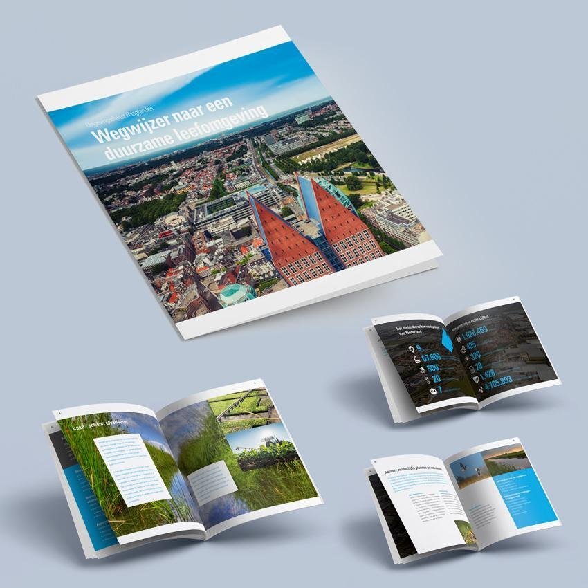Dit is een collectie van beelden van de nieuwe brochure voor Omgevingsdienst Haaglanden. We zien een brochure met daarop een foto van Den Haag. In witte letters lezen we 'Wegwijzer naar een duurzame leefomgeving'. Ook zien we spreads van de layout en opmaak van de binnenzijde met foto's van sloten, gras, kassen, statistieken, vogels, bedrijven en akkers in en om de omgeving Haaglanden en het westland. Het design van de brochure werd bedacht, gemaakt en ontworpen door Activates merkversterkend reclamebureau uit Sassenheim in vast dienstverband van Onze Kapel uit Haarlem.