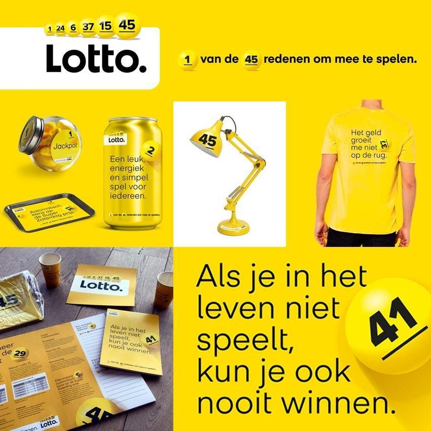 Dit is een collectie van beelden van de interne campagne '1 van de 45 redenen om mee te spelen' voor Lotto. Op een gele achtergrond zien we beelden van leuke weetjes en feiten van de nieuwe spelregels van Lotto die ook als motivatie dienen om mee te spelen met Lotto. De campagne werd ingezet om medewerkers maar ook retailers en verkopers te activeren. In zwarte letters staat 'Als je in het leven niet speelt, kun je ook niet winnen' met daarbij een gele lottobal met het cijfer 41. We zien een gele Lottolamp met het cijfer 45 en een geel t-shirt met de tekst 'het geld groeit me niet op de rug' met een cijfer 37. Op een tafel liggen informatieve brochures en een schrijfbaar placemat, allemaal in de stijl van de Lotto '1 van e 45 redenen om mee te spelen'. Deze interne campagne en activatie werd bedacht, geschreven, gemaakt en ontworpen door Activates merkversterkend reclamebureau uit Sassenheim in vast dienstverband van Onze Kapel uit Haarlem.
