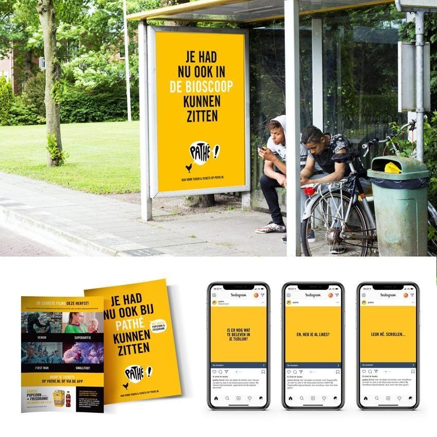 Dit is een collectie van beelden van de promotionele campagne voor Pathé bioscopen. Op gele vlakken zien we in zwarte letters de tekst 'je had nu ook in de bioscoop kunnen zitten' Daaronder het logo van Pathé en de url. Ook zien we een advertentie met filmbeelden en een geel vlak met zwarte letters en de social media (Facebook) uitingen om de campagne te activeren. Het concept, de copy, de designs, het ontwerp en activatie werd medebedacht, geschreven, gemaakt en ontworpen door Activates merkversterkend reclamebureau uit Sassenheim in vast dienstverband van Onze Kapel uit Haarlem.