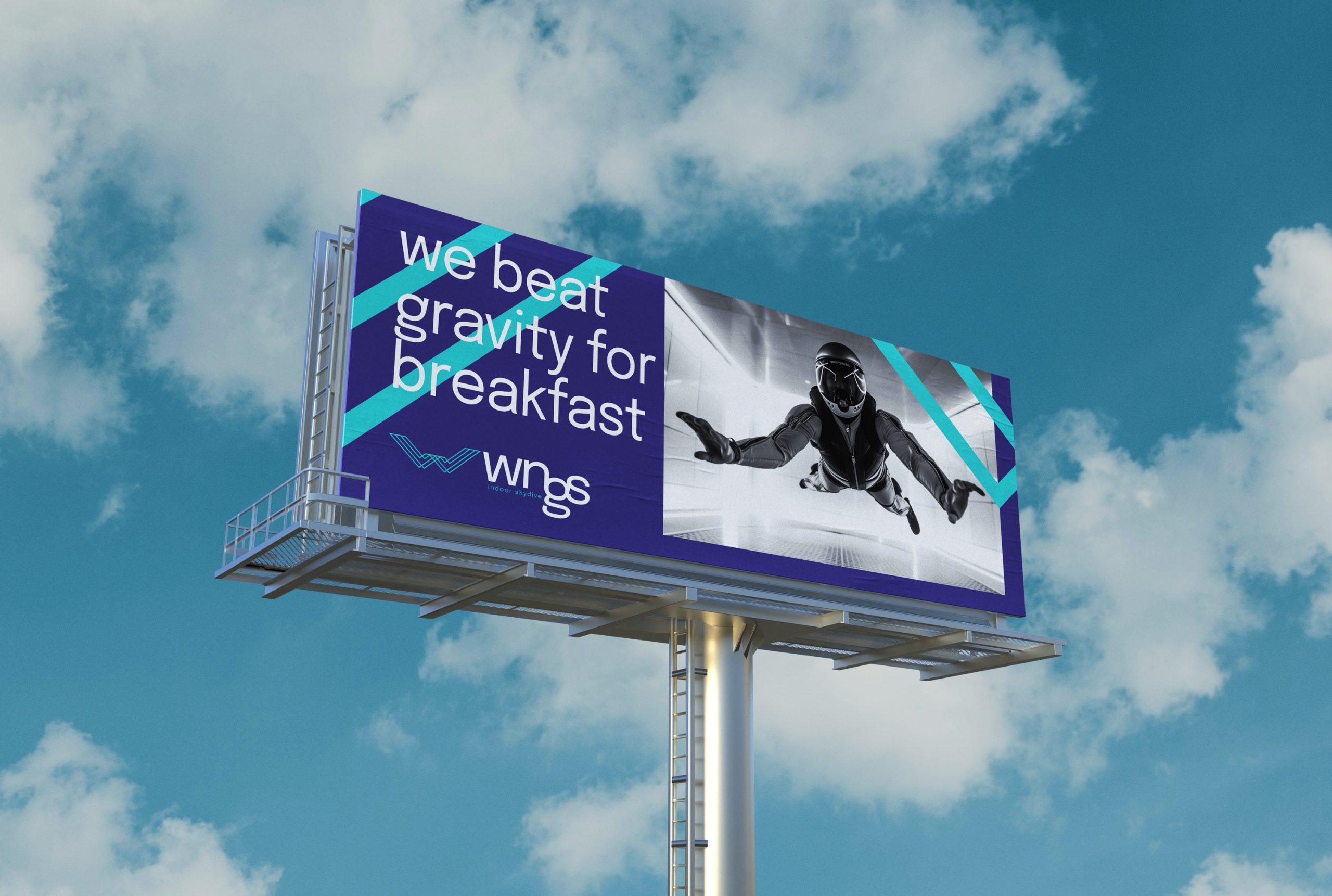 Concept branding logo huisstijl creatieve campagne grafisch design website - Wings indoor skydive centre door merkversterkend reclamebureau Activates uit Sassenheim Teylingen Bollenstreek
